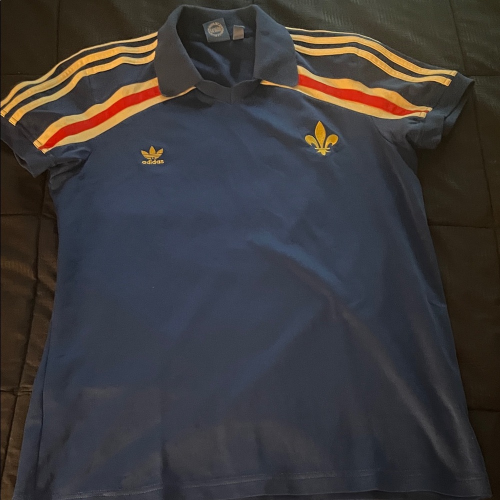 Adidas Blue Shirt with Multicolor Stripes